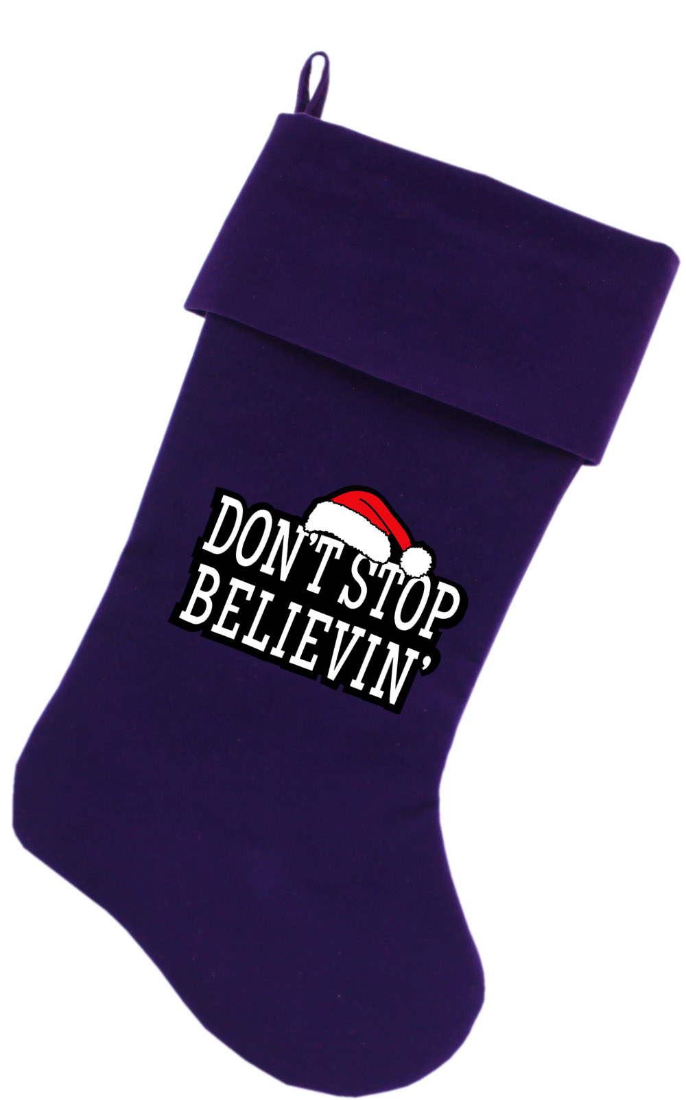 Don't Stop Believin Screen Print 18 inch Velvet Christmas Stocking Purple